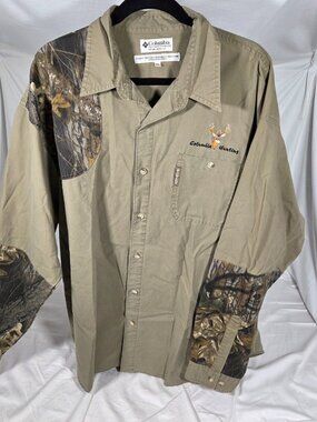 Columbia Hunting Shirt Men XXL Long Sleeve Camo Patch Tan Cotton Button Up